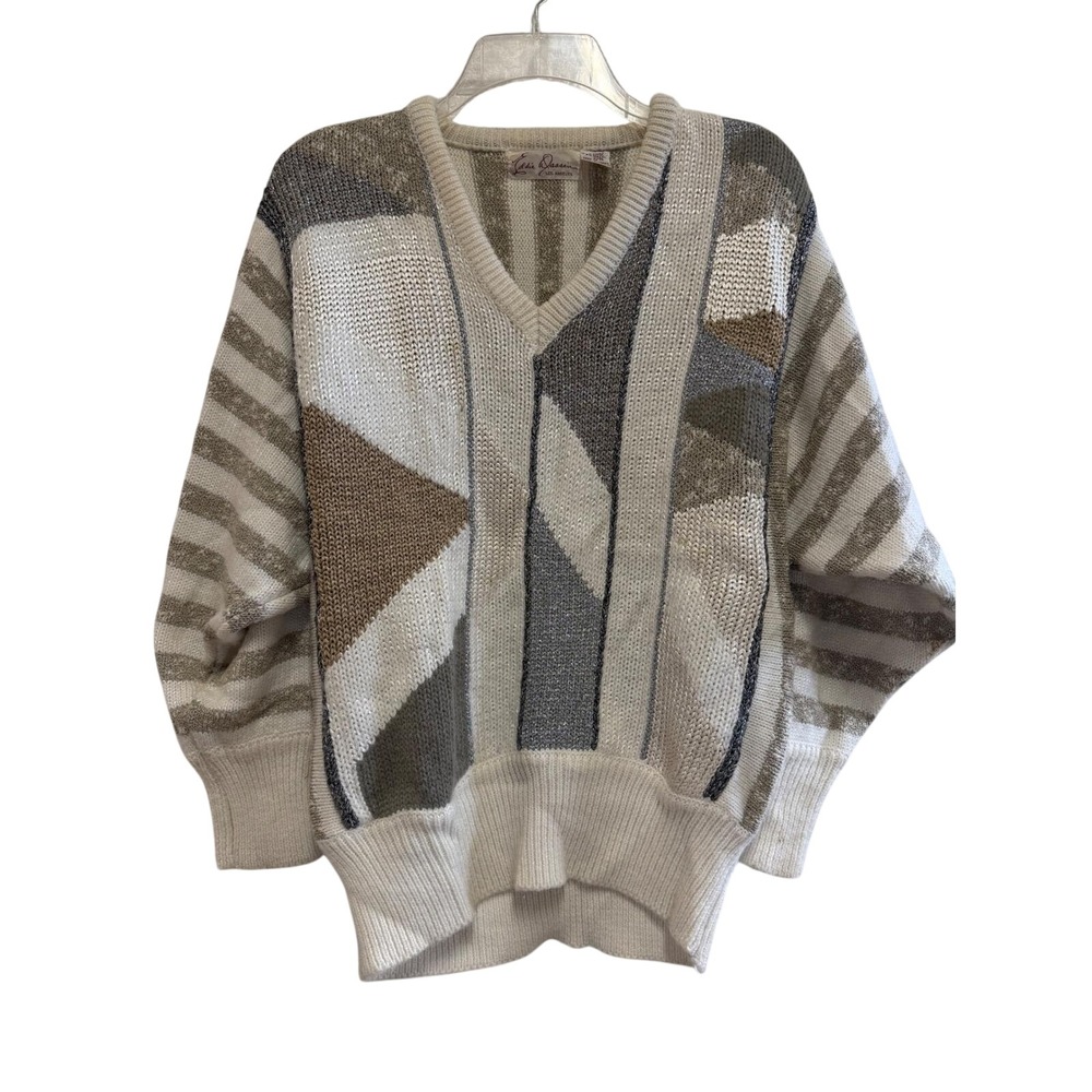 Eddie Dassin Vintage Geometric Metallic Knit V-Neck Sweater Neutral Medium‎